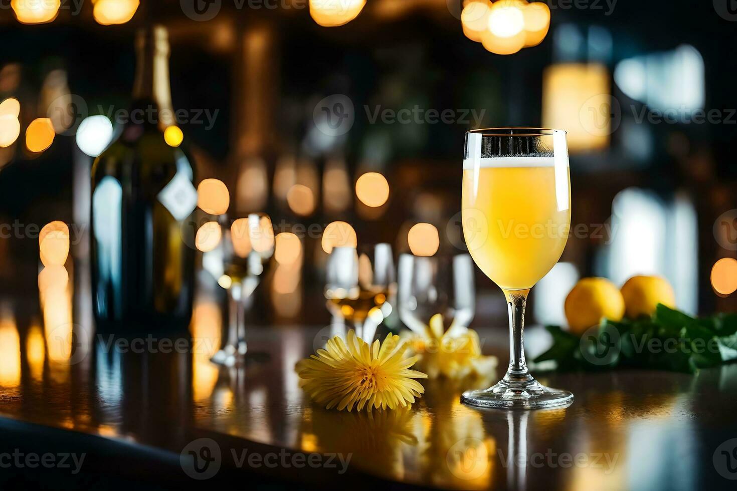 The camera gets closer to show a drink called a French 75, while there is a nice restaurant in the background AI Generated photo