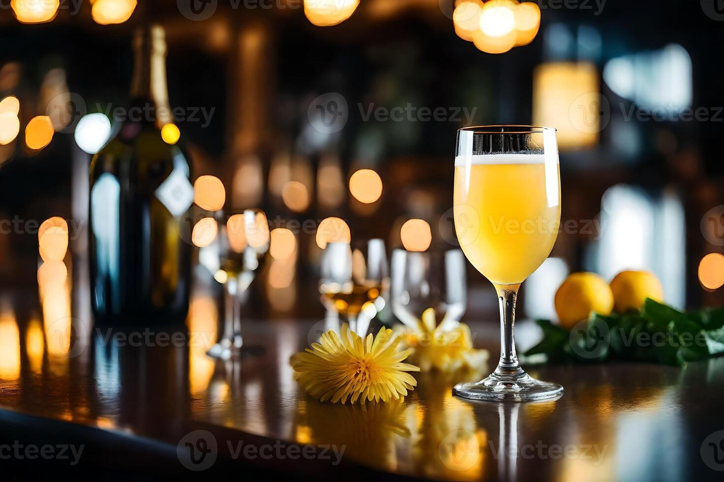 The camera gets closer to show a drink called a French 75, while there is a nice restaurant in the background photo