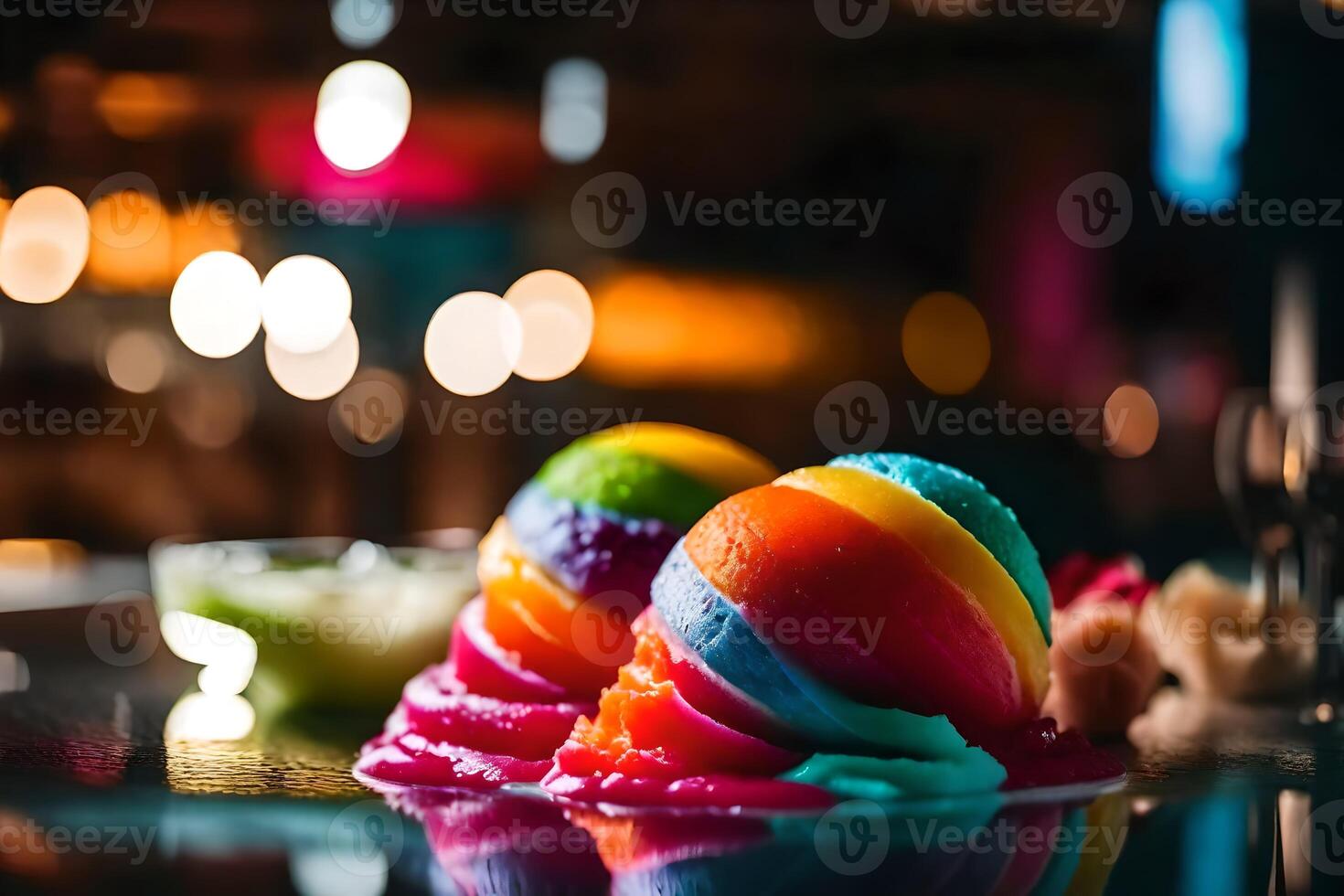 Zoom in to see a delicious dessert called Rainbow Sorbet There is a pretty restaurant in the background photo