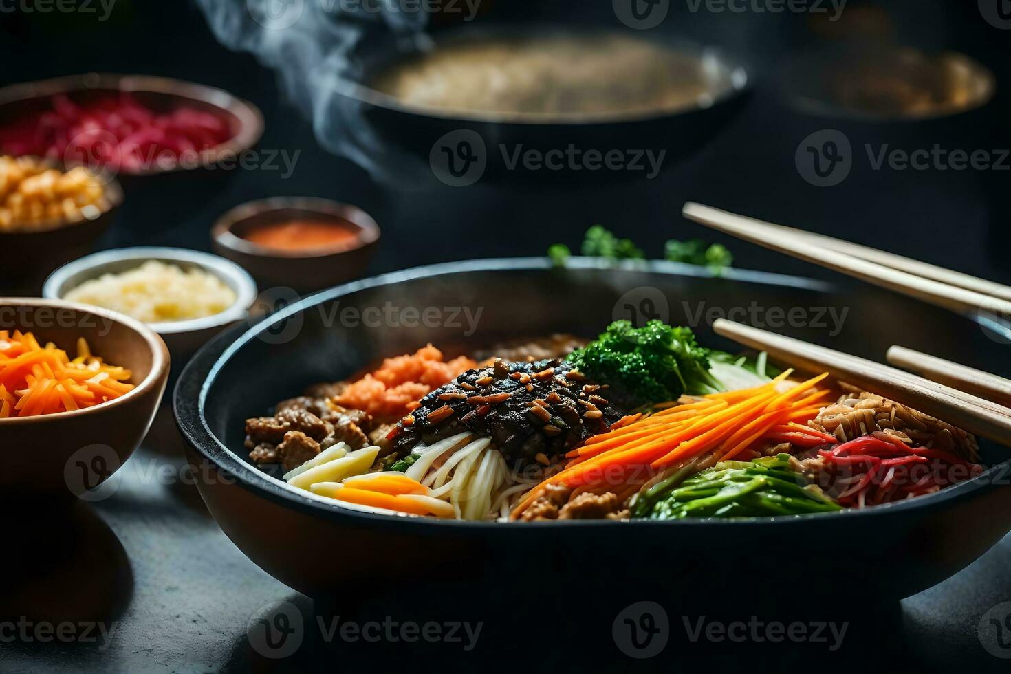 The camera is looking at Bibimbap, a Korean dish, and the background behind it appears fuzzy or unclear AI Generated photo