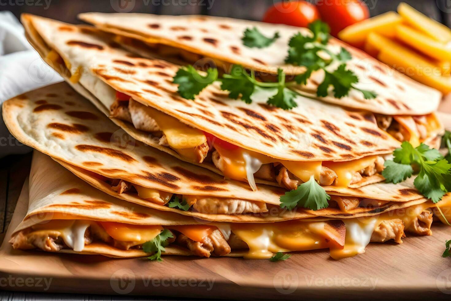 A close up picture of a Chicken Quesadilla with a very bright background taken in a photo studio AI Generated
