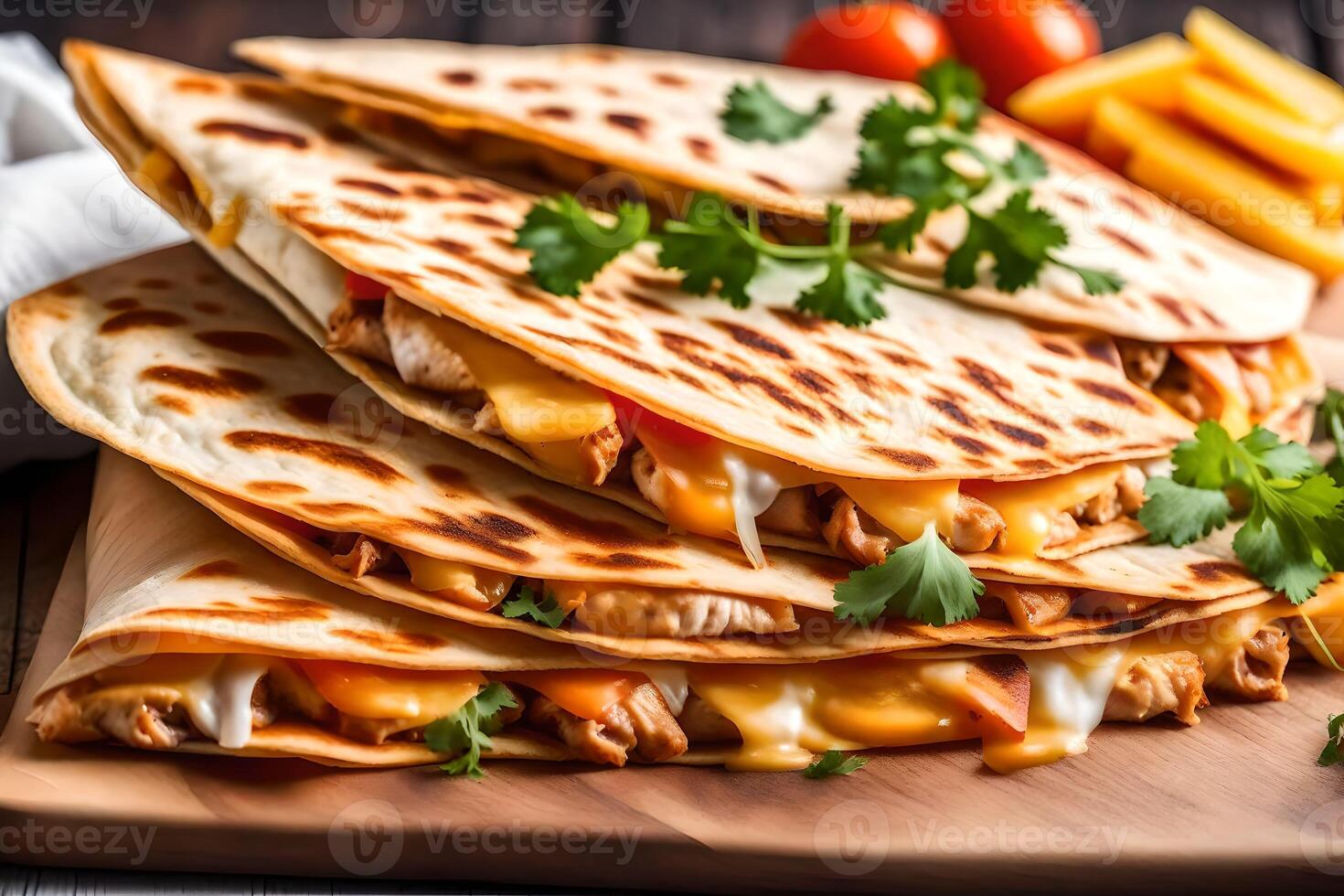 A close up picture of a Chicken Quesadilla with a very bright background taken in a photo studio