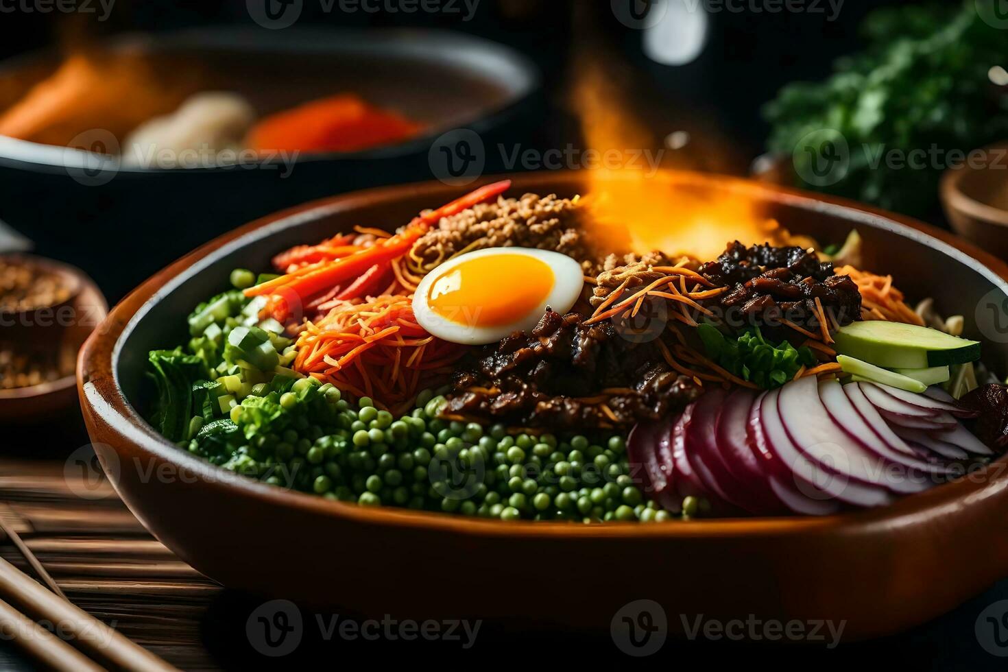 The camera is moving closer to show a yummy and well liked Korean food called Bibimbap Sometimes, it can be hard to figure out what is happening or why something is happening AI Generated photo