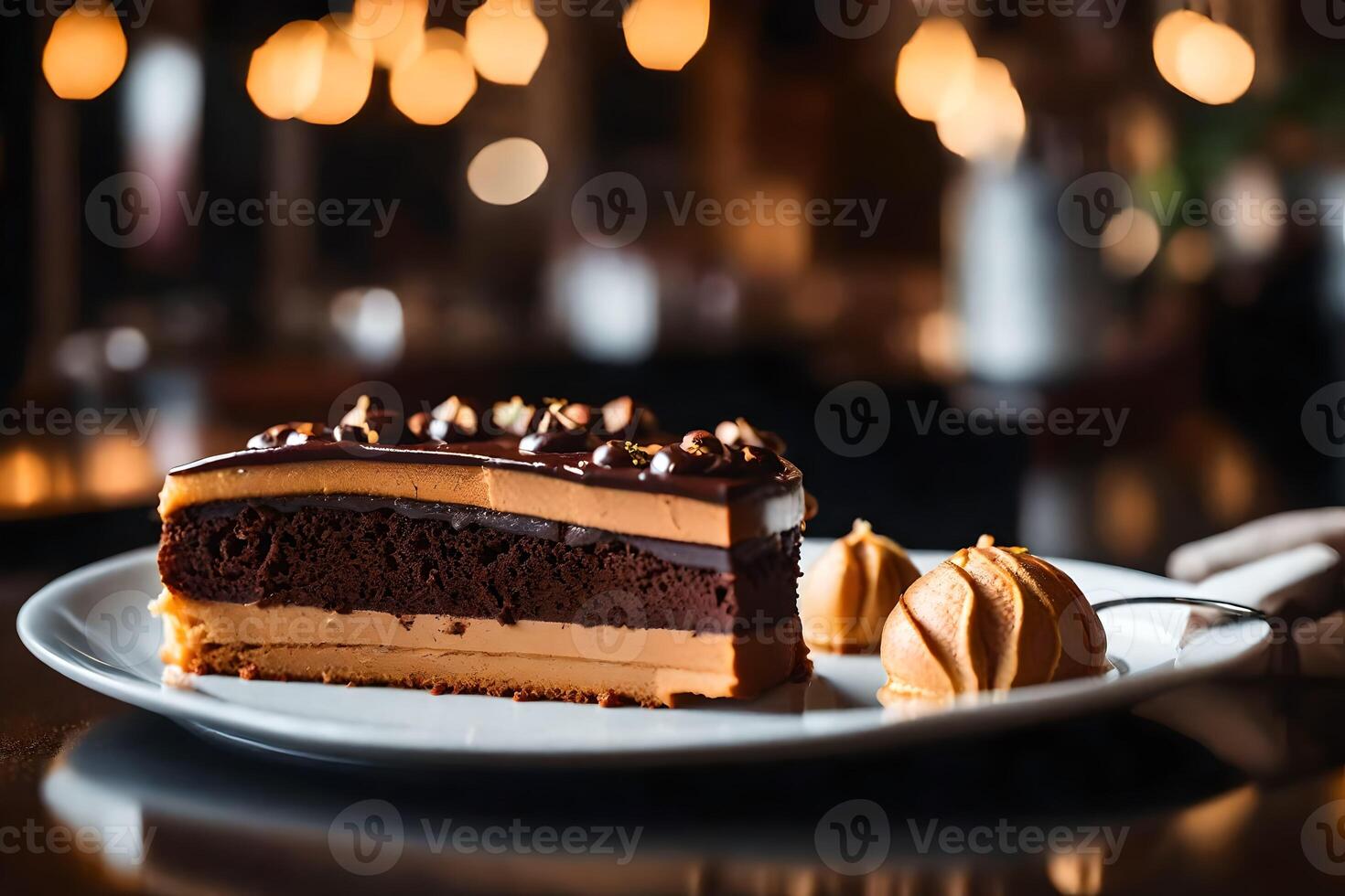Zoom in on Chocotorta with a pretty restaurant in the background photo