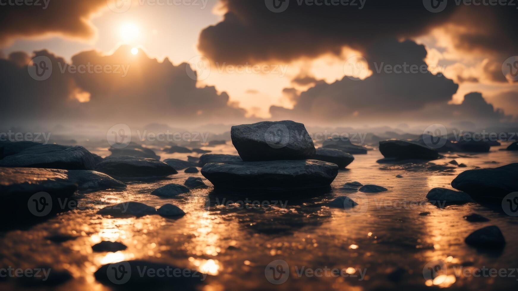 Abstract minimal concept. Dark background with natural granite stones podium on water and smoke surrounding. photo
