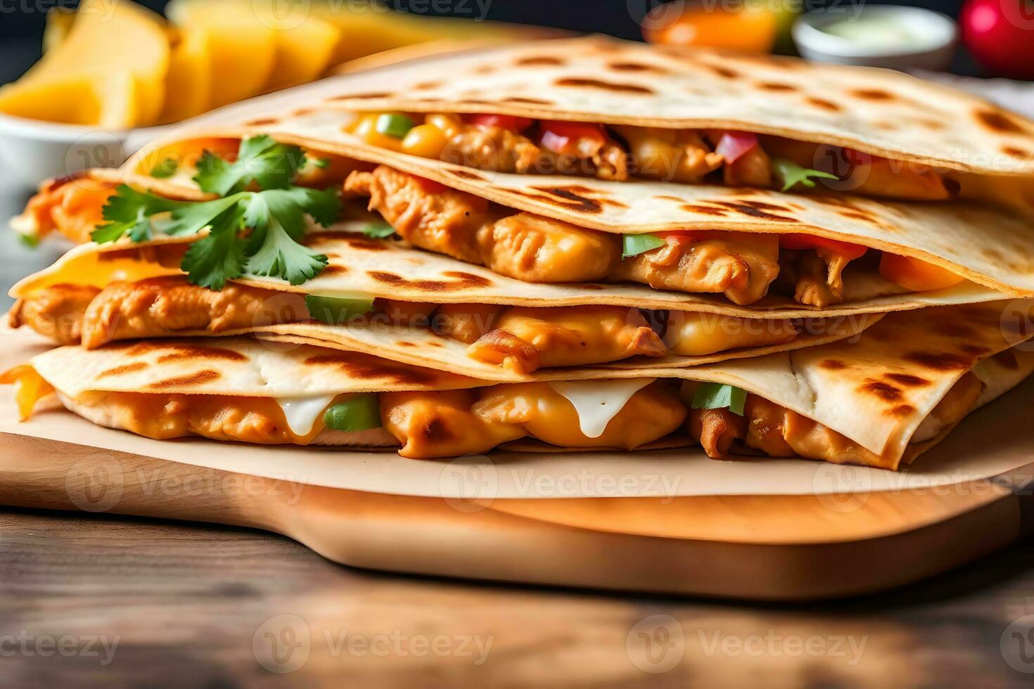 Close up picture of a Chicken Quesadilla with a brightly lit background in a studio AI Generated photo