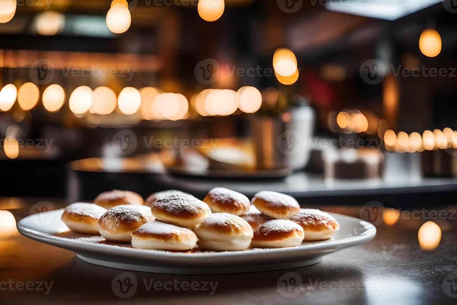 The camera zooms in on Poffertjes, while there is a nice restaurant in the background photo