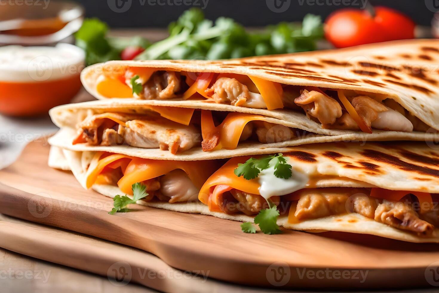 A close up photo of a Chicken Quesadilla taken in a bright photo studio