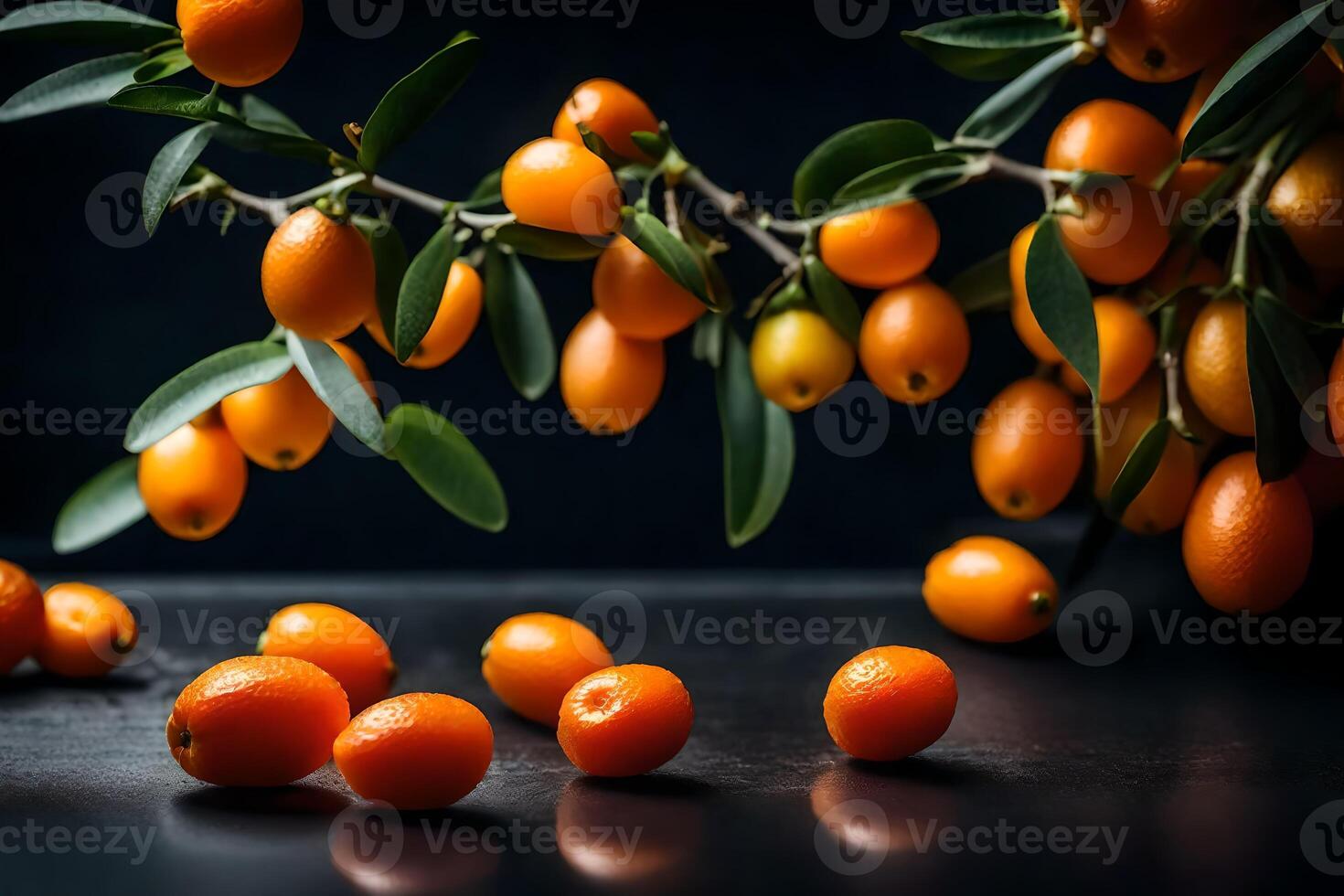 Macro photography is when we zoom in really close on Kumquats, while they are against a dark background in a studio photo