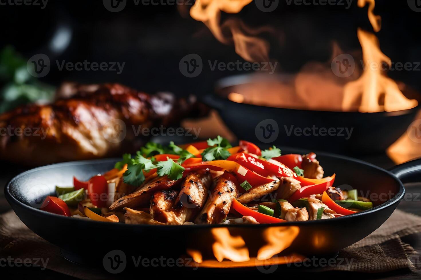 The camera is focusing on a Chicken Fajita Bowl, but the background of an oven looks blurry photo