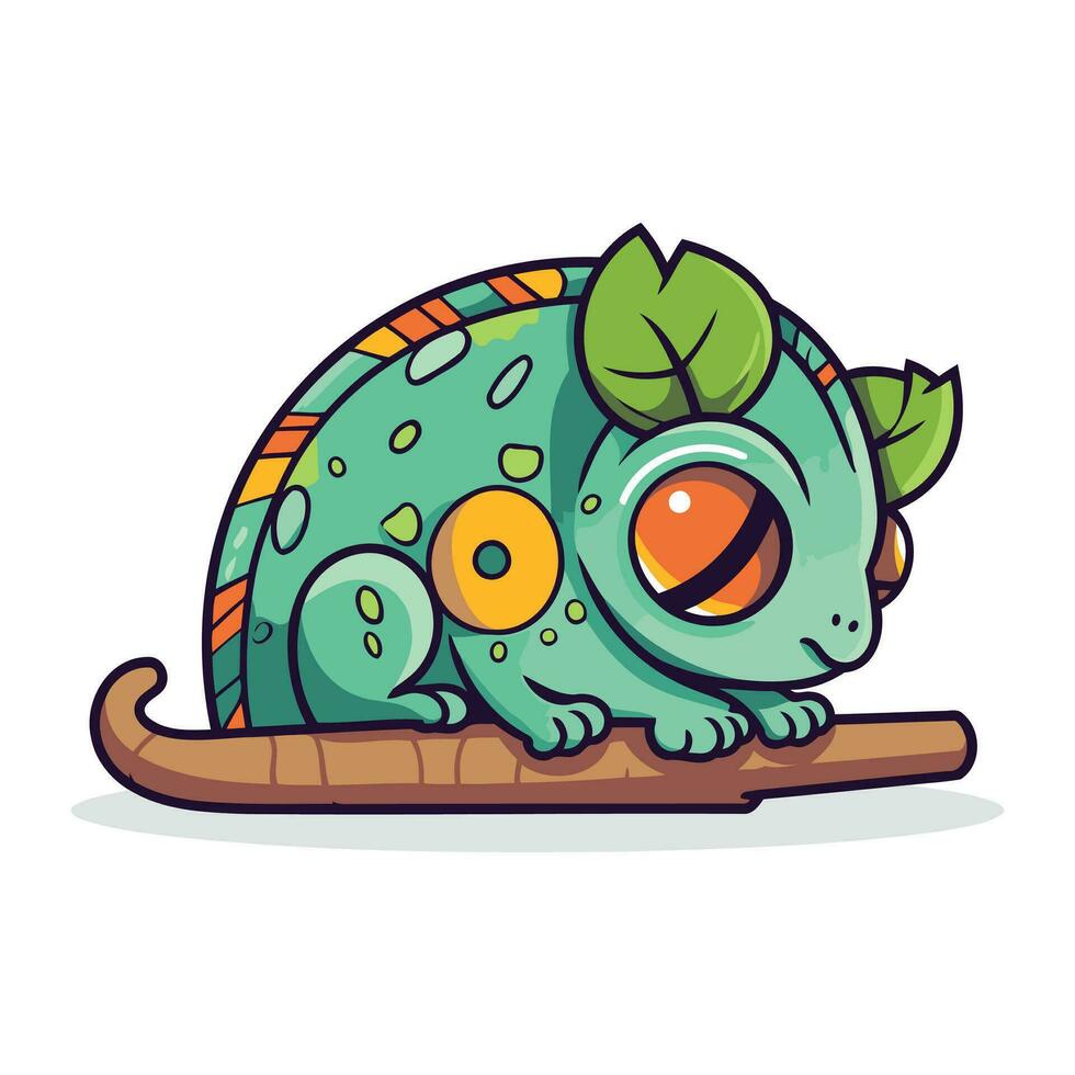 Cute cartoon chameleon with green eyes. Vector illustration.