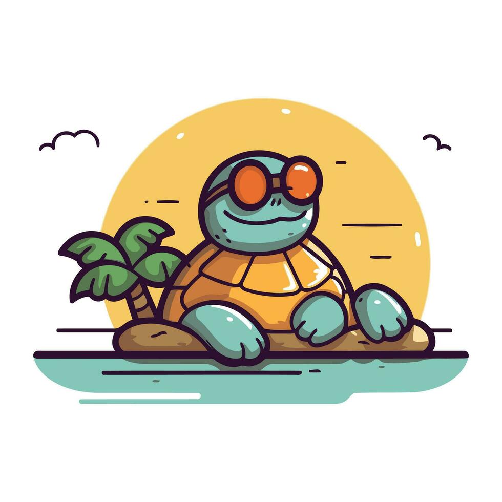 Cute cartoon turtle on the beach. Vector illustration in flat style.