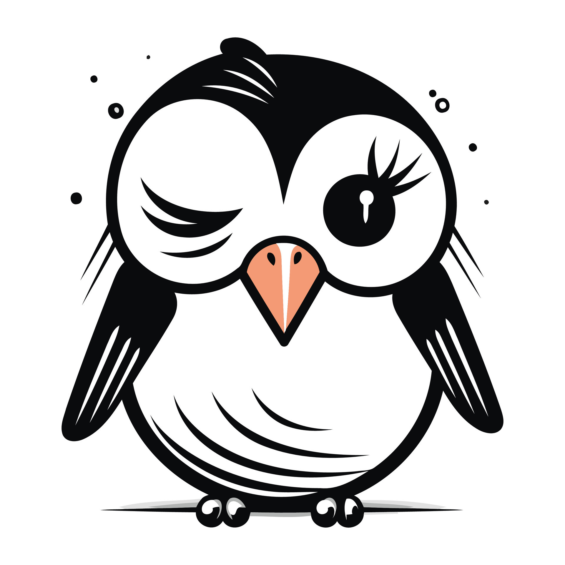 Vector illustration of a cute black and white cartoon owl isolated on