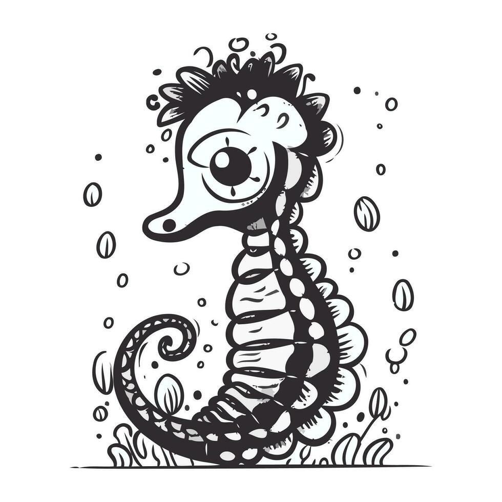 Seahorse in the sea. Black and white vector illustration.