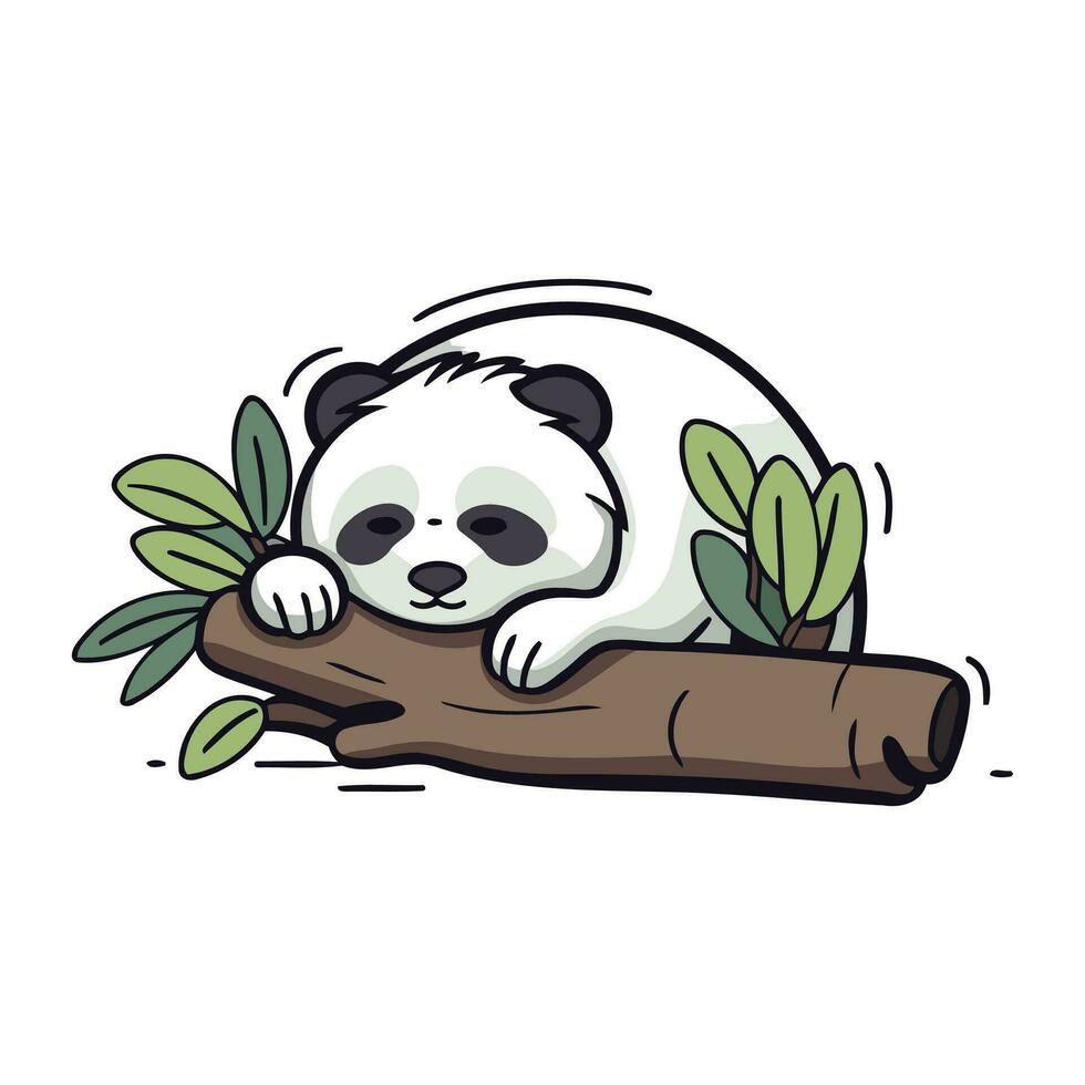 Panda bear sleeping on a branch. Cute cartoon vector illustration.