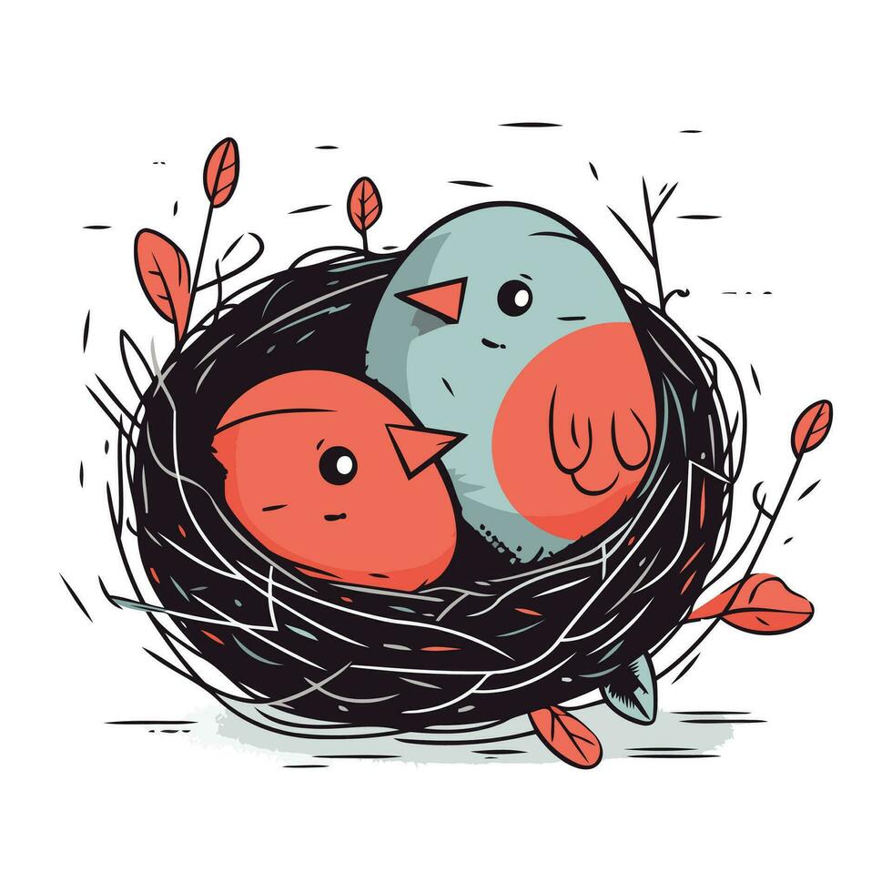 Cute birds in the nest. Hand drawn vector illustration in cartoon style.