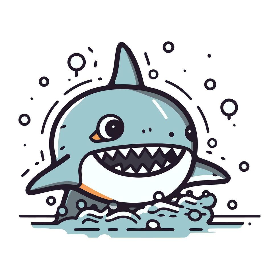 Cute cartoon shark swimming in the sea. Vector illustration. flat style.