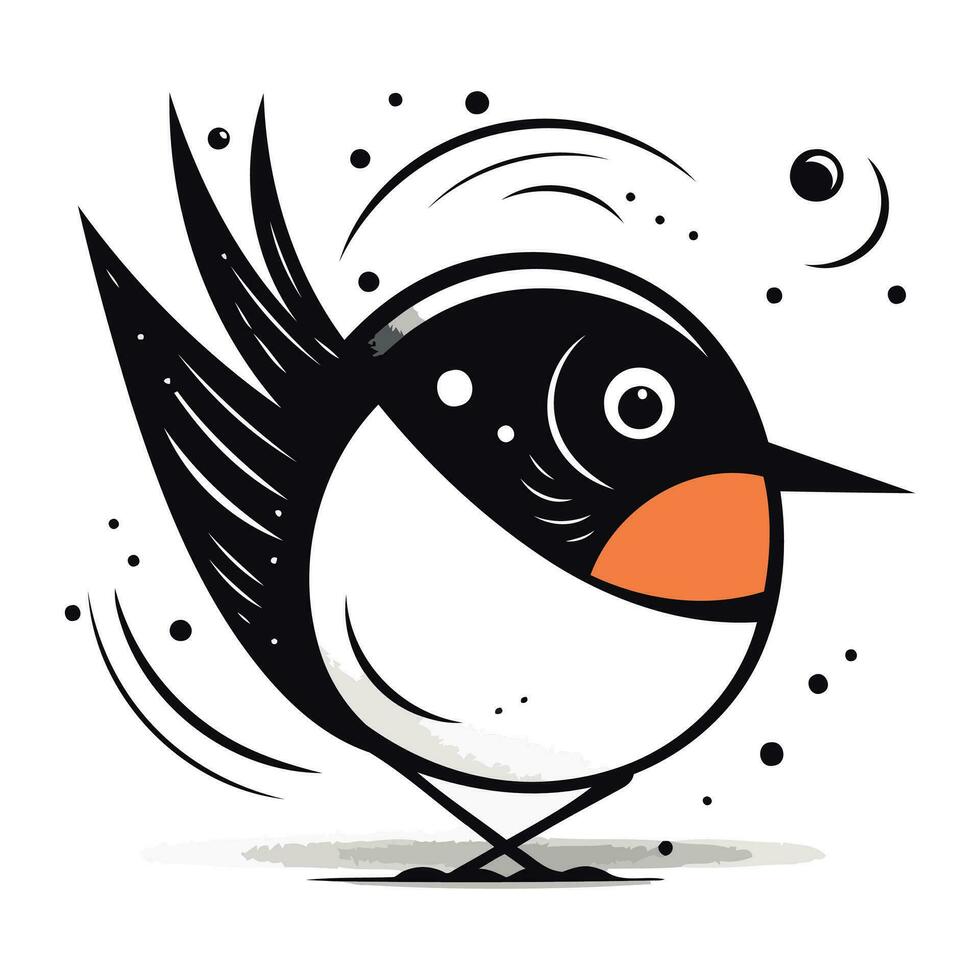 Cute cartoon black and white bird on white background. Vector illustration.