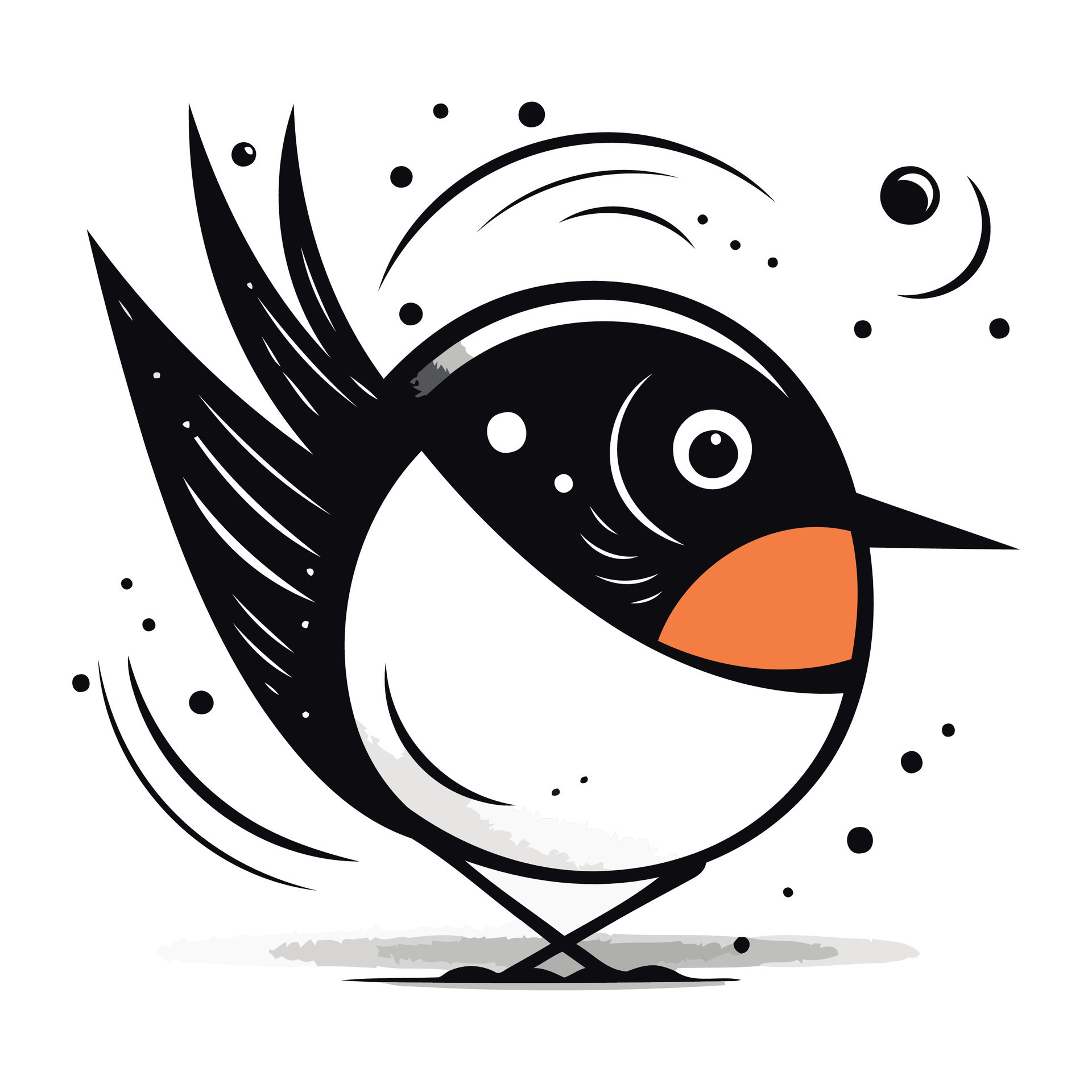 Cute cartoon black and white bird on white background. Vector