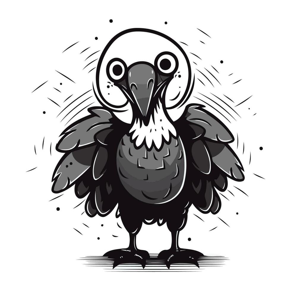 Vector illustration of a vulture on a white background. Black and white.