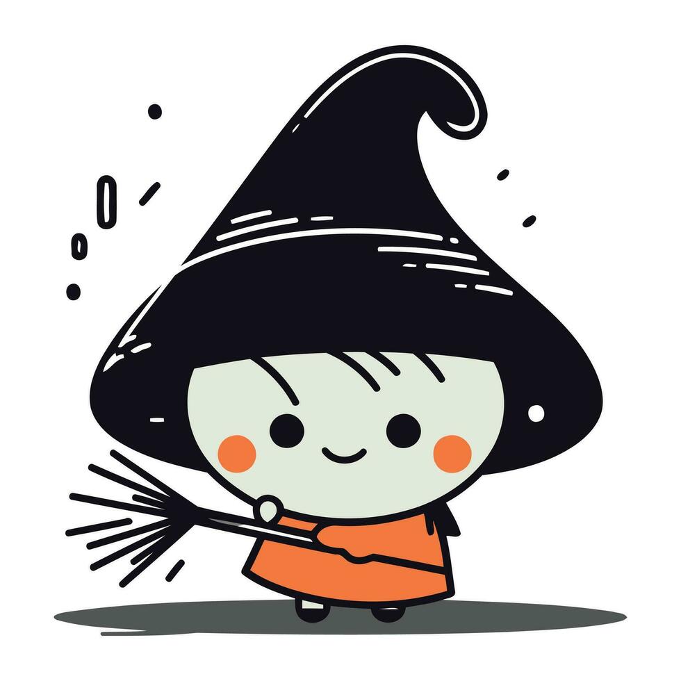 Cute witch with broomstick. Vector illustration in cartoon style.