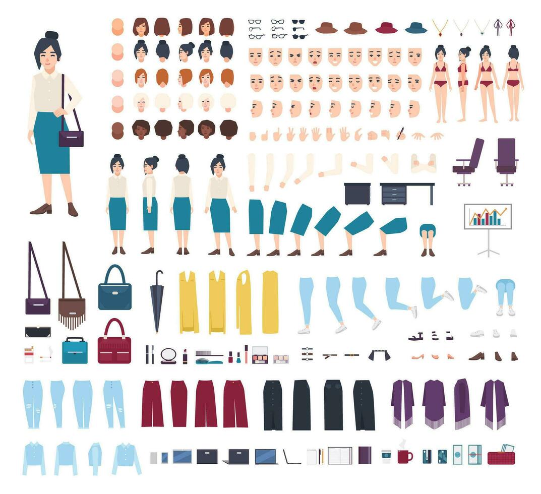 Business woman character constructor. Girl clerk creation set. Different postures, hairstyle, face, legs, hands, clothes collection. vector cartoon illustration. front, side, back view.