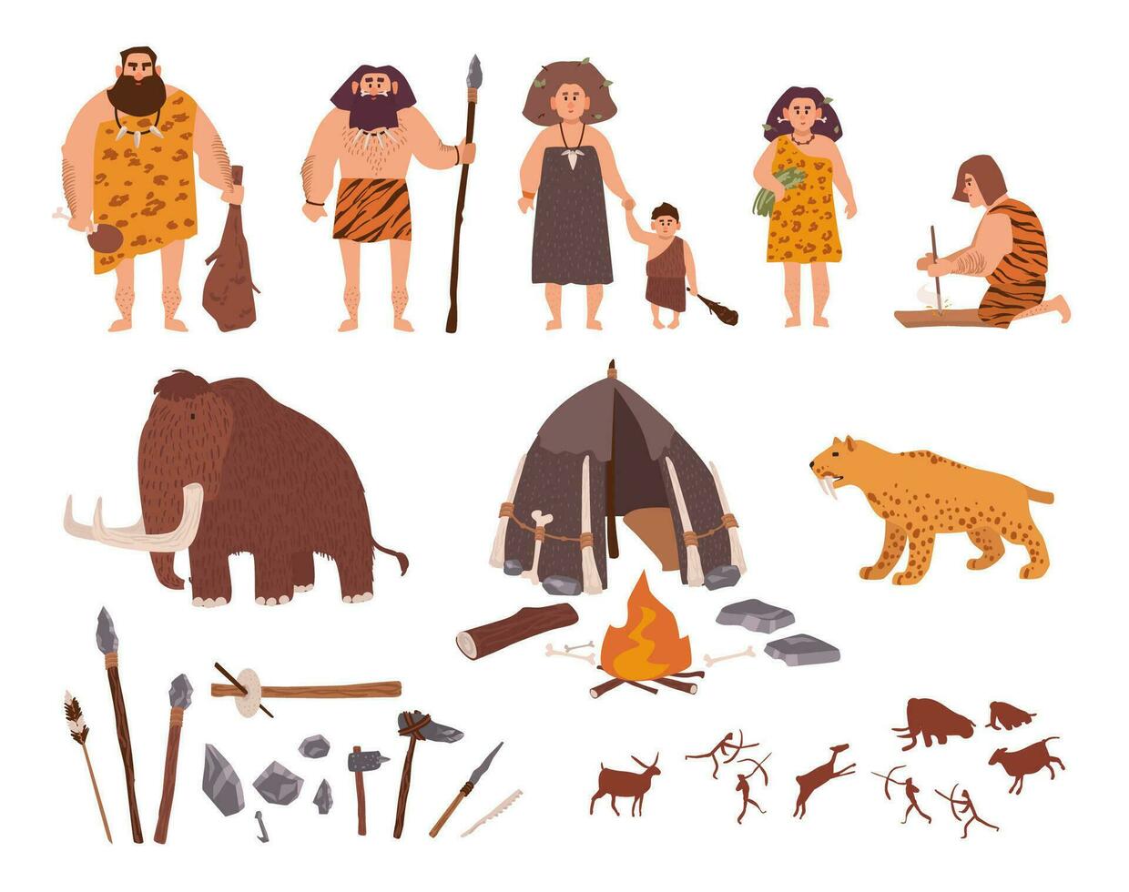 Set of Stone Age theme. Primitive people, children, mammoth, dwelling, hunting and labor tools, saber-toothed tiger, fire, rock carvings. Colorful vector collection in cartoon style.