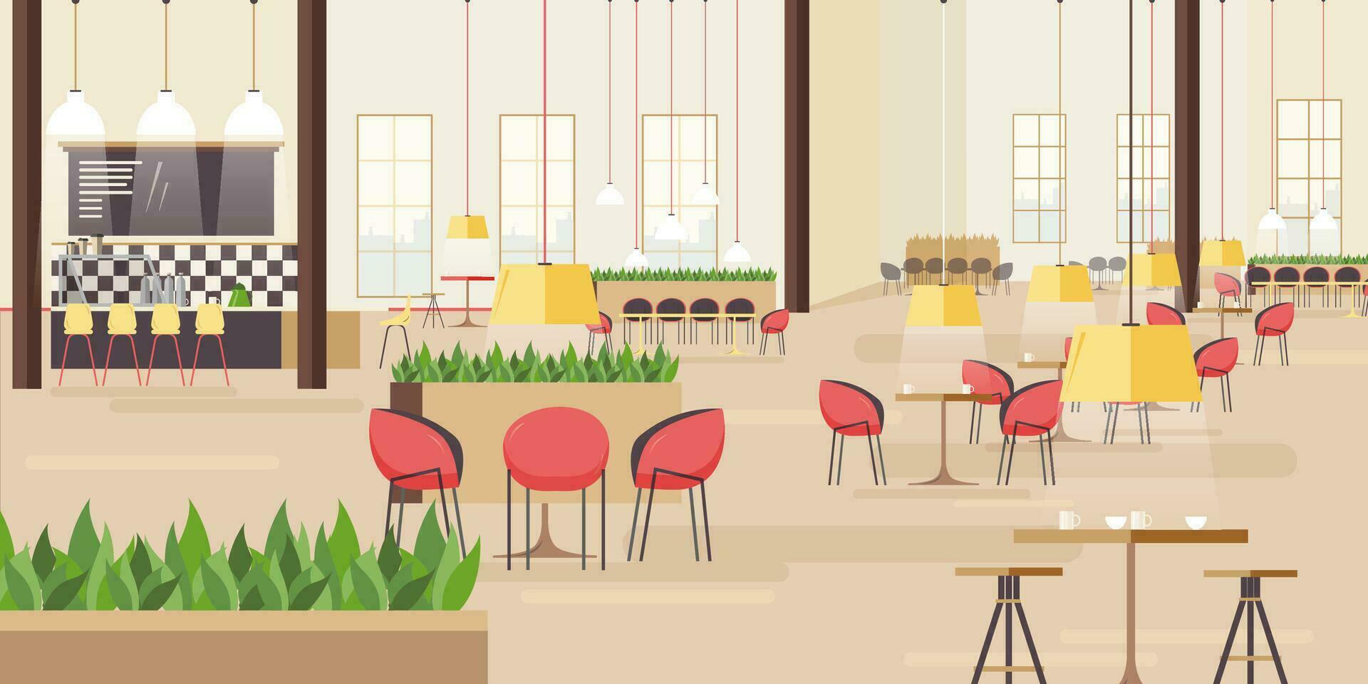 Food court in shopping mall. Horizontal vector illustration with many seats. flat vector illustration.