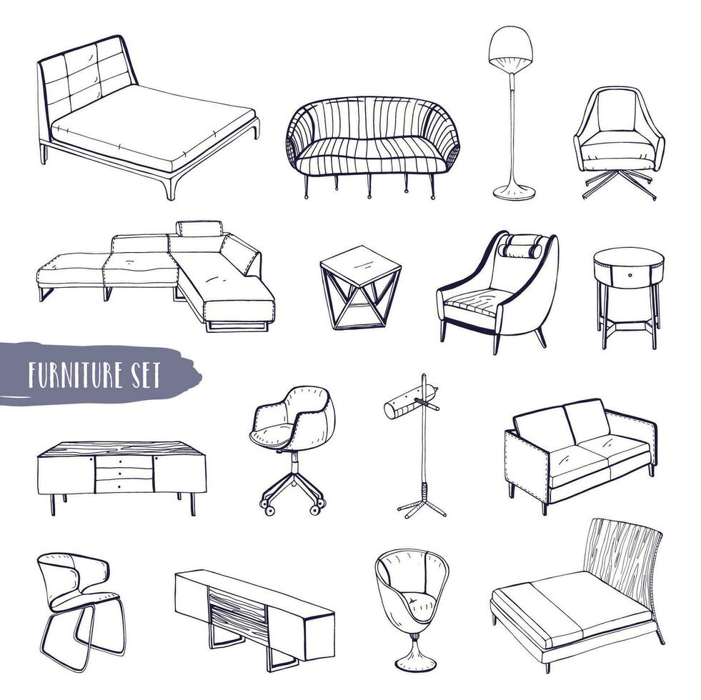 Set of various furniture. Hand drawn different types sofas, chairs and armchairs, bedside tables, beds, tables, lamps collection. Black and white vector sketch illustration.