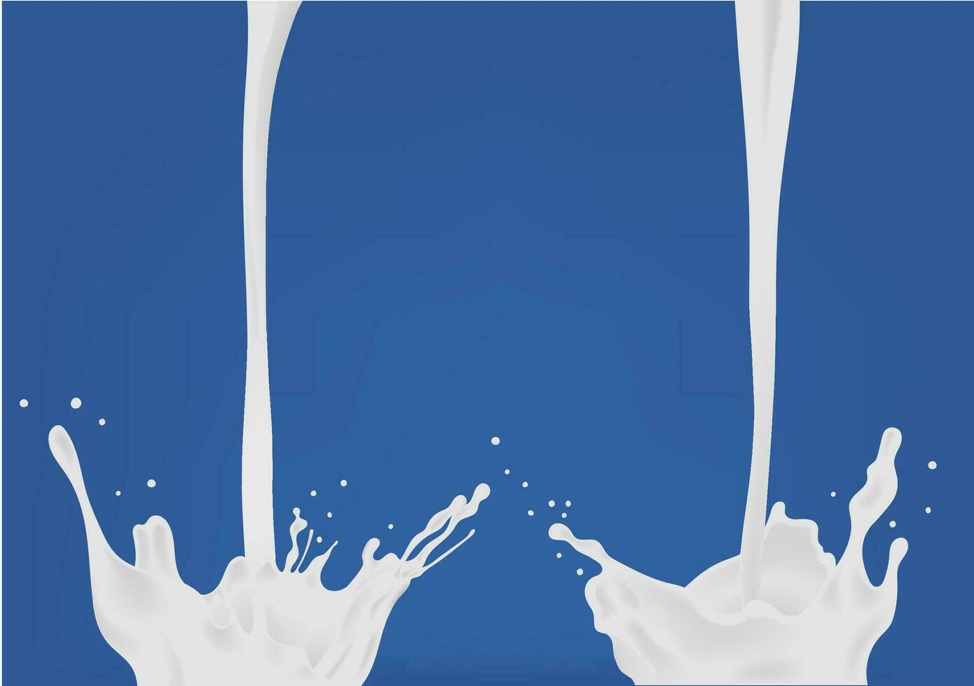 Pouring milk. Two white flow and splash. Colorful realistic vector illustration on blue background.