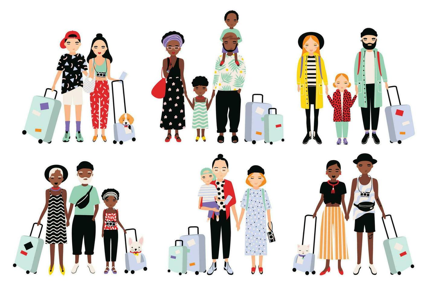 Set of traveling families and couples. Different fashionable people with luggage, children. Colorful vector collection in cartoon style.