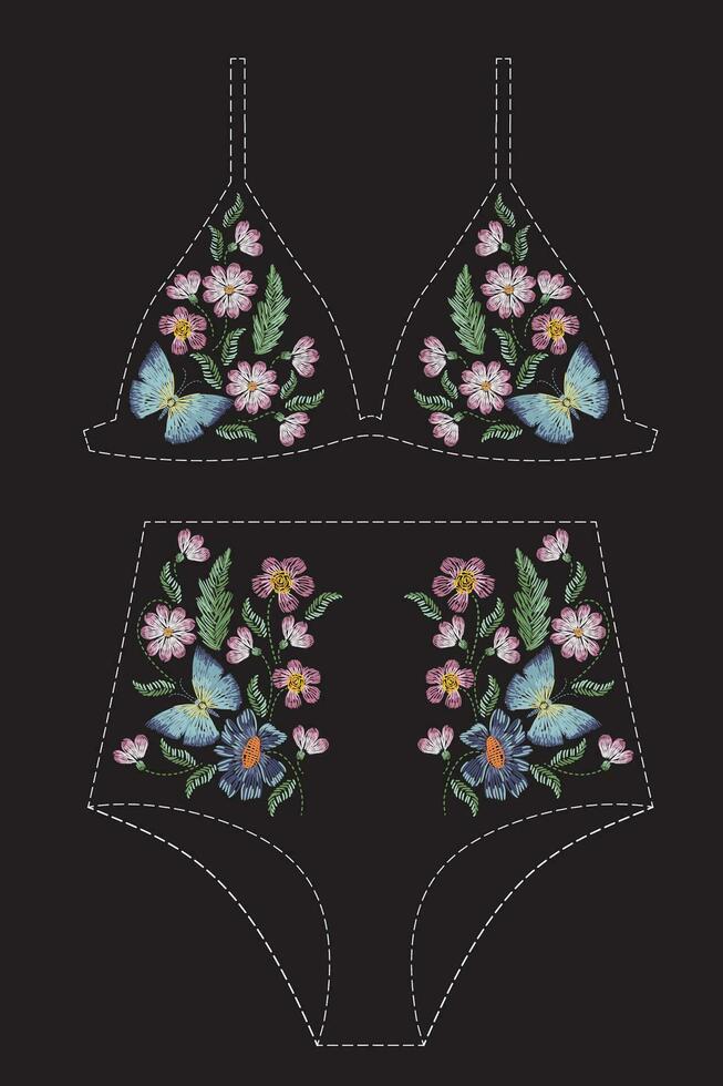 satín puntada bordado diseño con flores y mariposas gente línea floral de moda modelo para traje de baño, sostén, bikini, ropa. natural de moda ornamento para ropa en negro antecedentes. vector