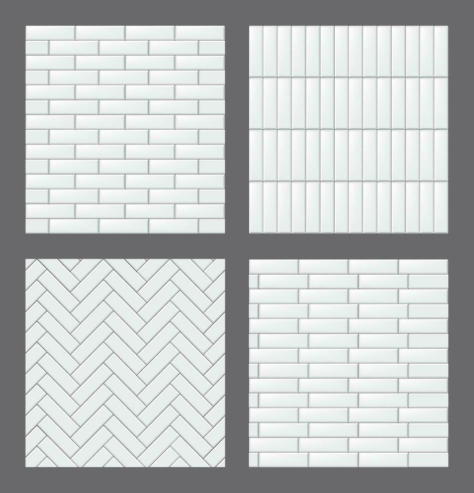 Set of seamless patterns with modern rectangular white tiles. Realistic textures collection. Vector illustration.