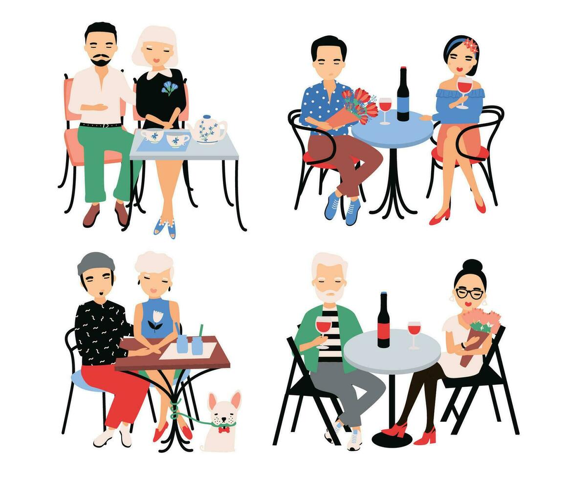 conjunto de parejas en romántico fecha. joven de moda amantes a mesa en cafetería. chico y niña sentar en abarcar, sostener manos, bebida vino y té. vistoso vector ilustración en dibujos animados estilo.