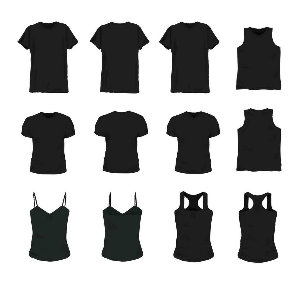 conjunto de diferente realista negro camiseta para hombre y mujer. frente y espalda vista. camisa sin mangas, manga corta, camiseta, tanque cima. vector ilustración recopilación.