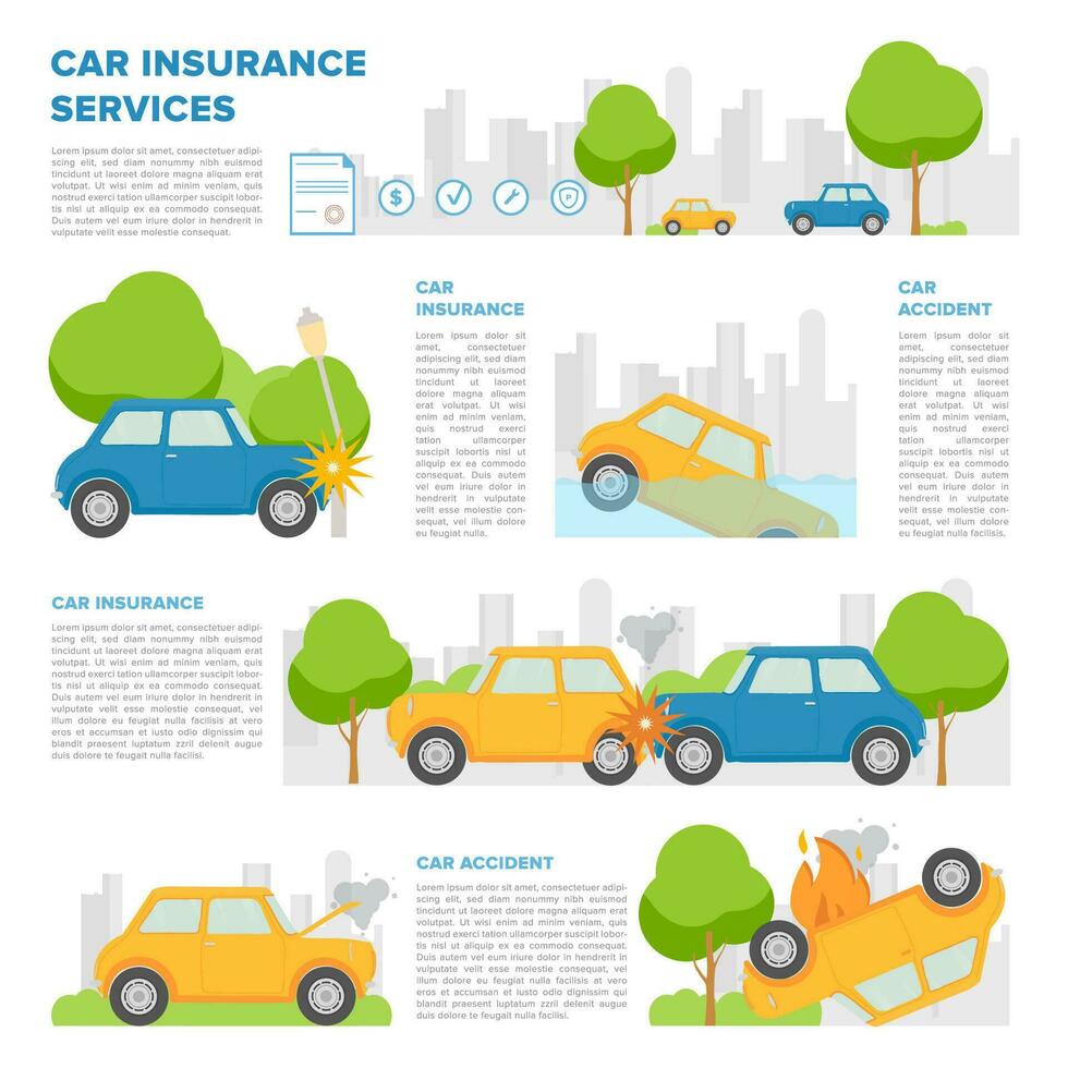 Concept of car insurance against various incidents. Page template with place for text and different car accidents. Colorful vector, cartoon style. vector