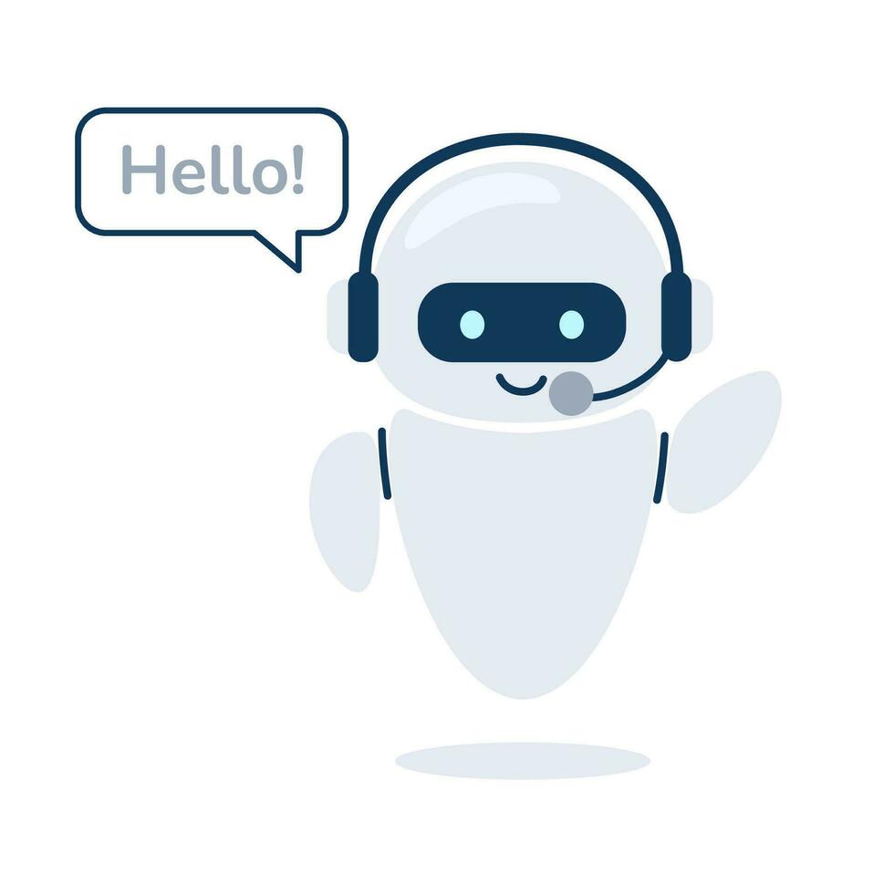 Digital chat bot, robot assistant for customer support. Hello. Concept of virtual conversation assistant for getting help. Vector illustration isolated on white background.