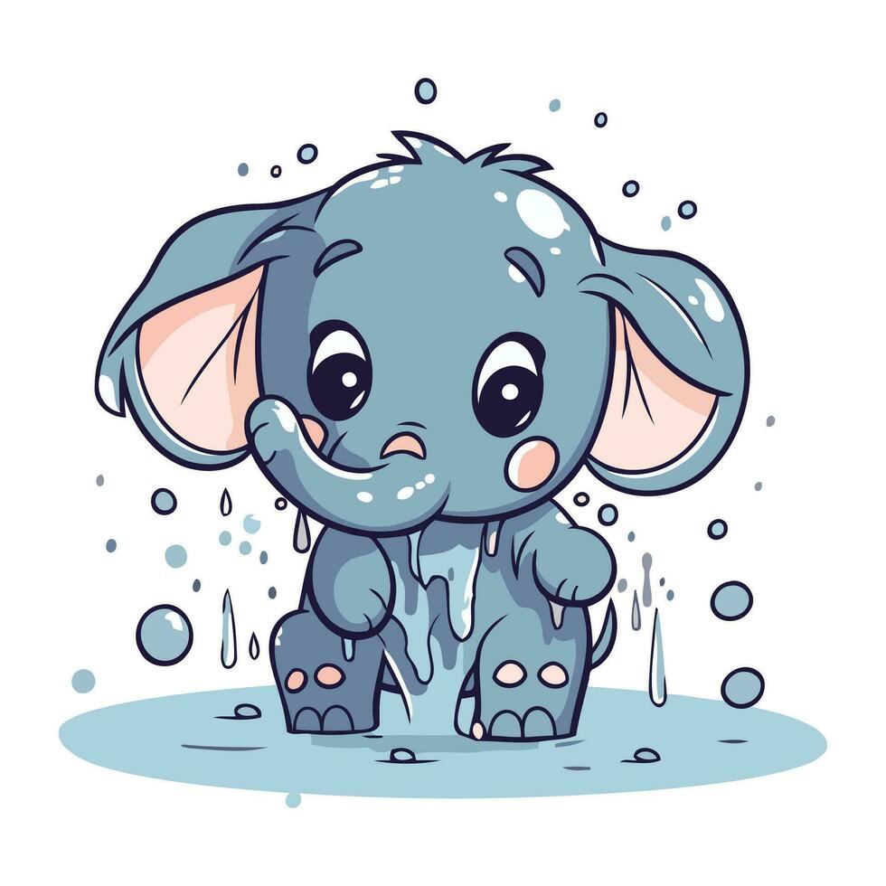 Cute cartoon elephant in water. Vector illustration isolated on white background.