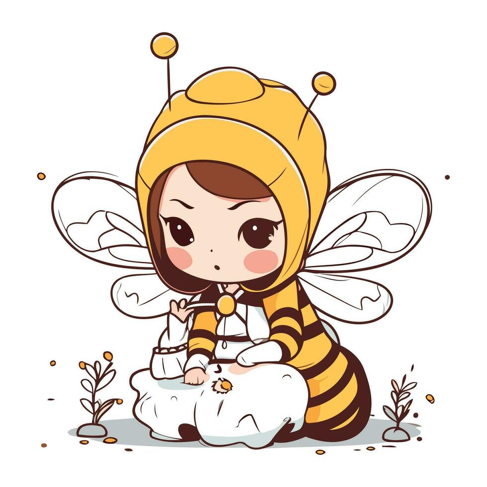 Cute little girl in bee costume with a candle in her hand. Vector illustration.