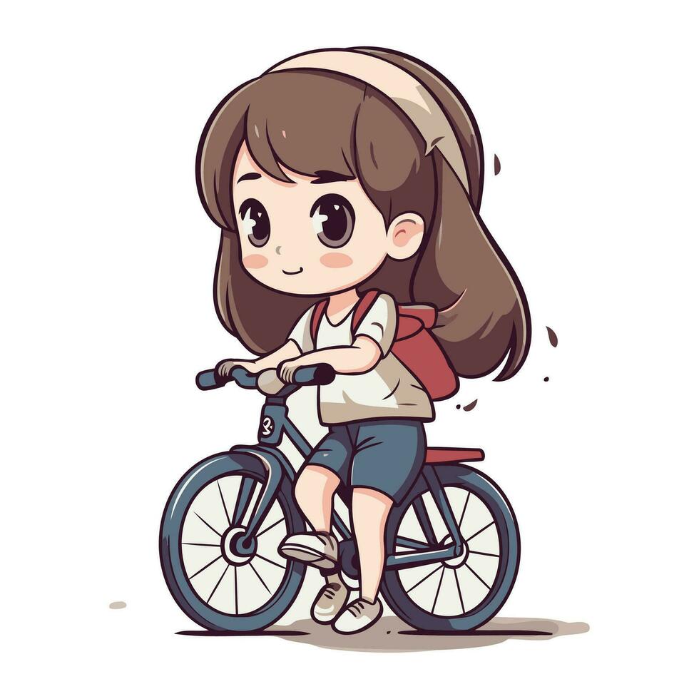 linda pequeño niña en colegio uniforme montando bicicleta. vector ilustración.