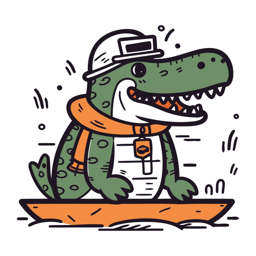 Crocodile with a surfboard. Vector illustration in cartoon style.