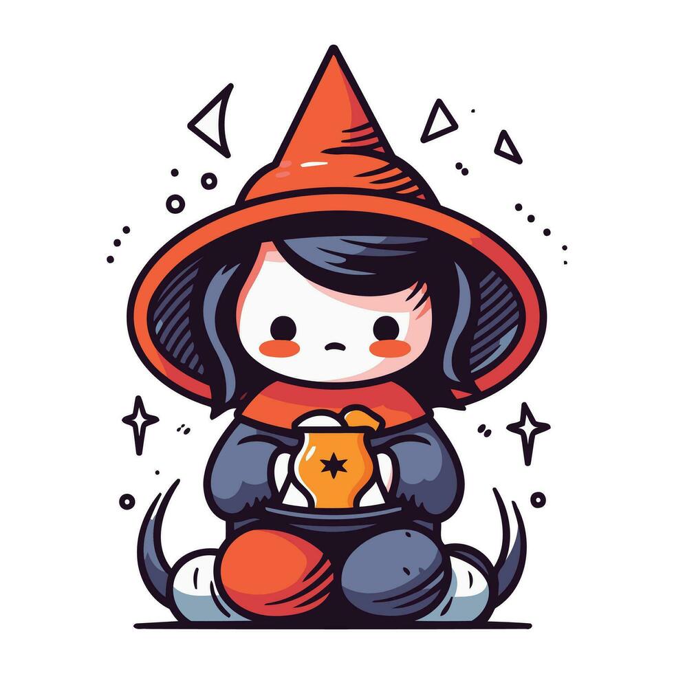 Cute little witch sitting and holding a cup. Vector illustration.