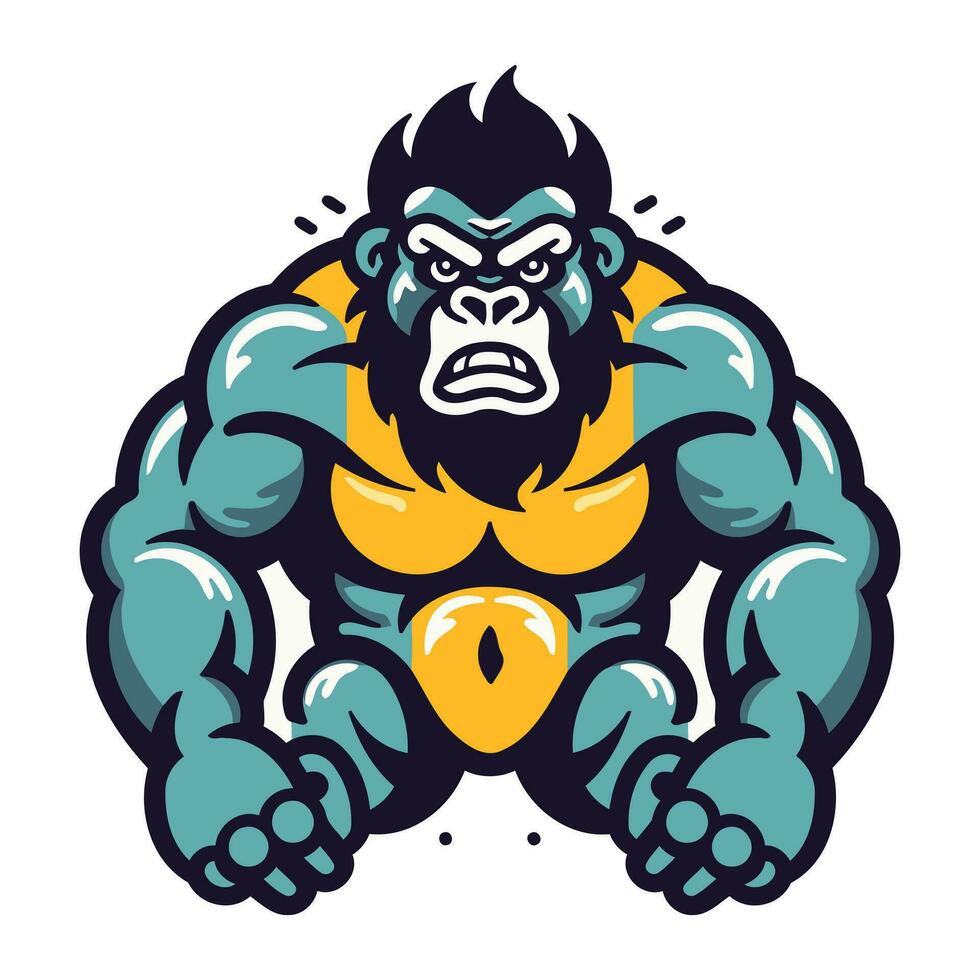 Gorilla mascot. Vector illustration of a gorilla with a shield on his head.