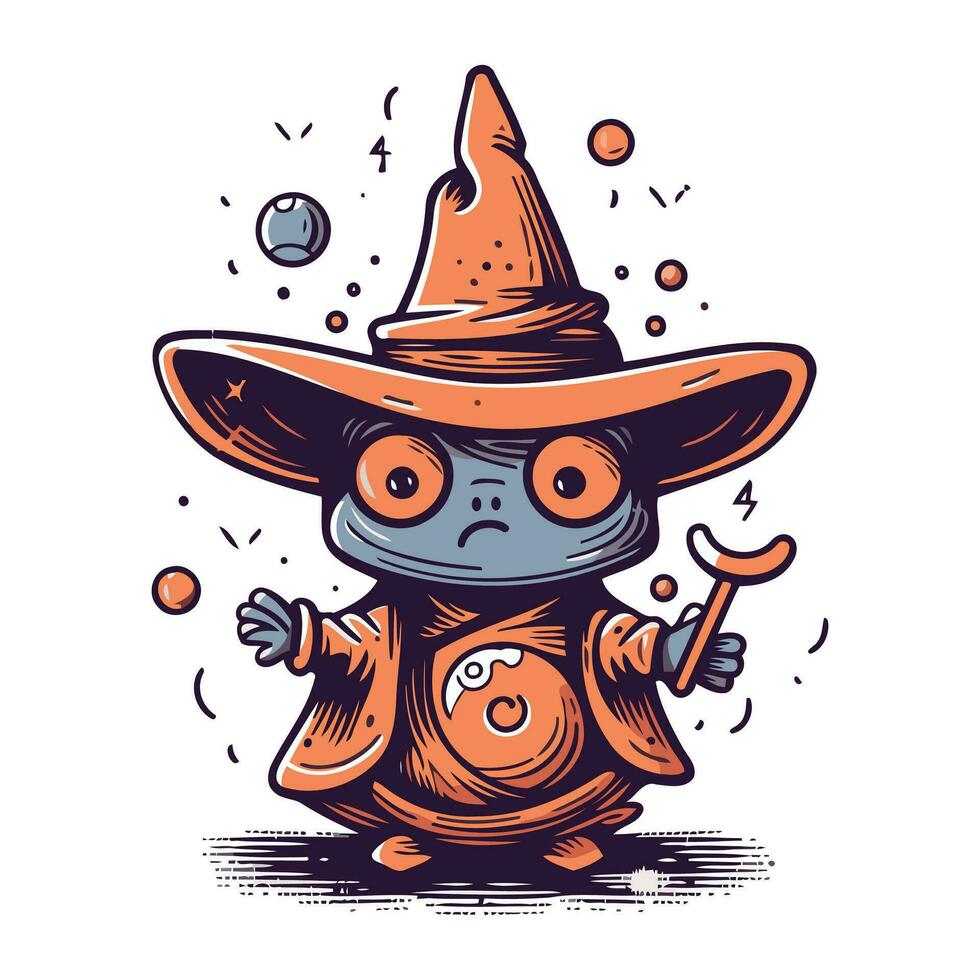 Cartoon illustration of a little witch with magic wand. Vector illustration.