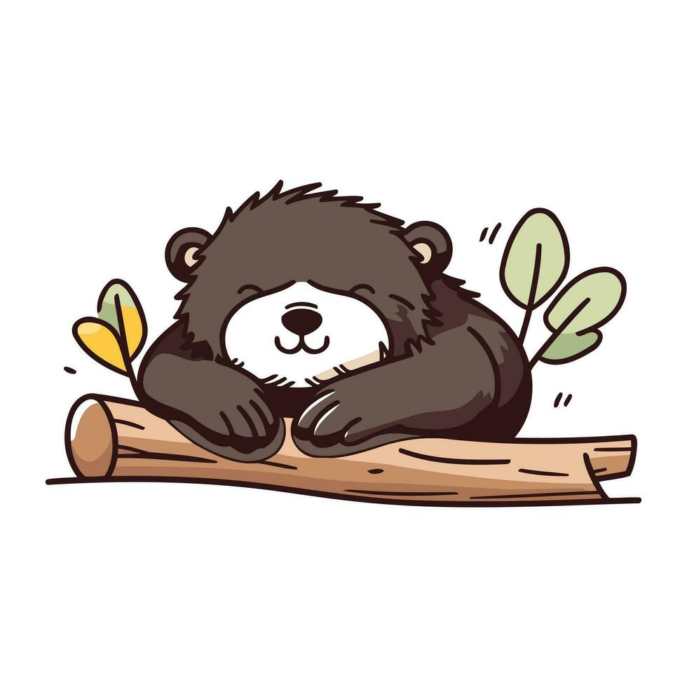 Cute cartoon bear sleeping on a tree branch. Vector illustration.