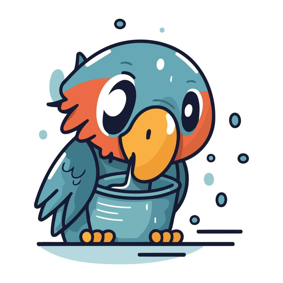 Cute parrot with a bucket of water. Vector illustration.