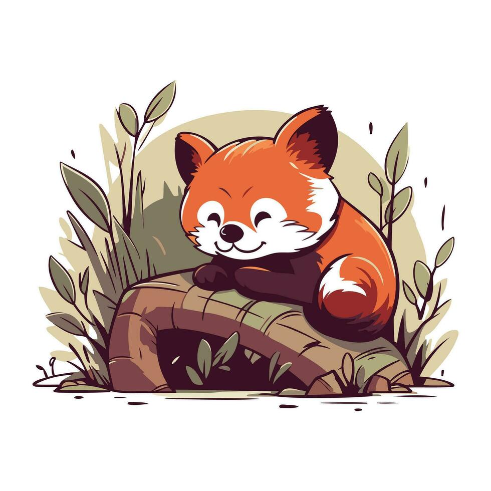 Cute red panda sitting on a branch. Vector illustration.