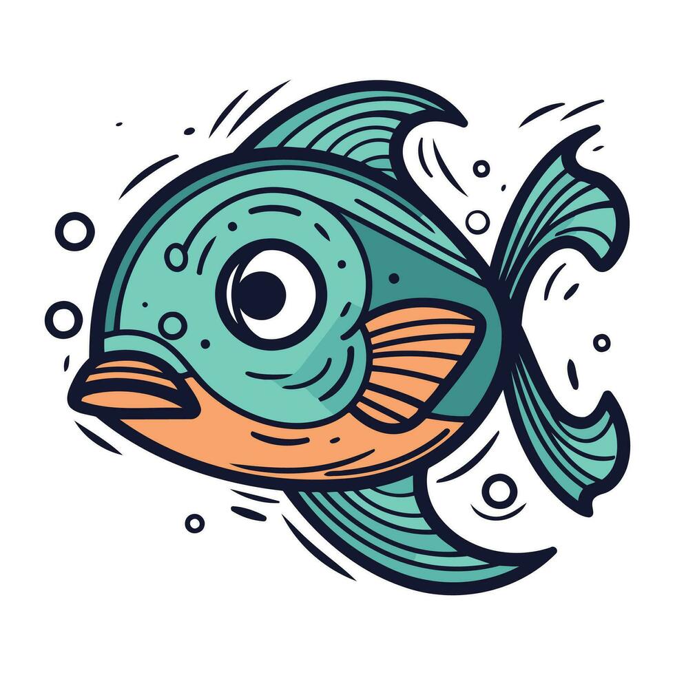 Cartoon fish. Hand drawn vector illustration isolated on white background.