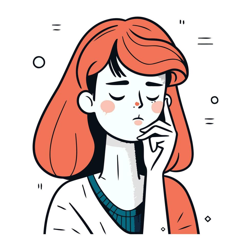triste mujer con rojo cabello. vector ilustración en un plano estilo.