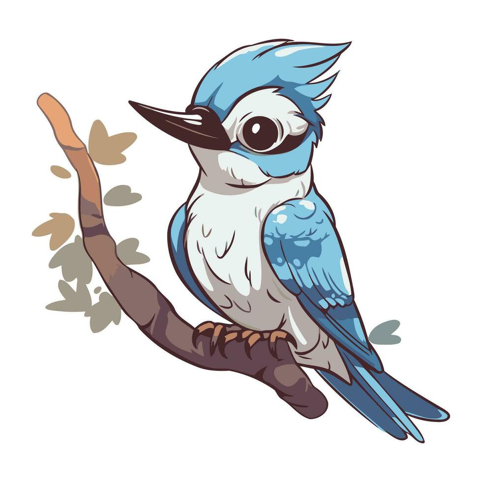 Cute cartoon blue bird sitting on a branch. Vector illustration.